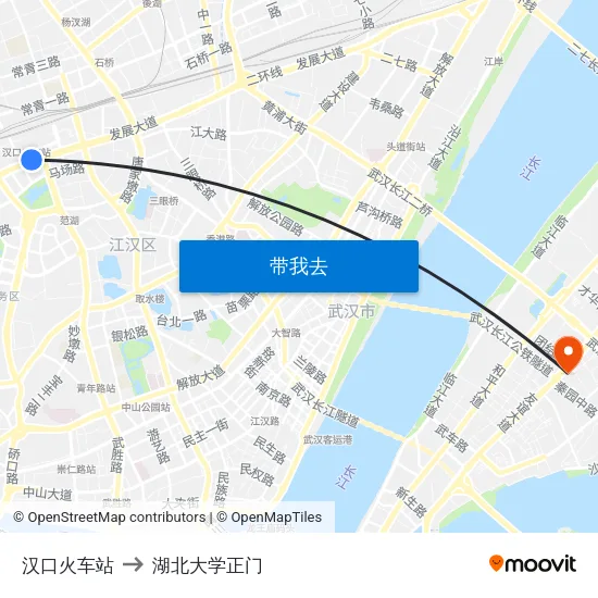 汉口火车站 to 湖北大学正门 map