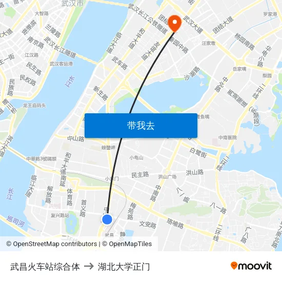 武昌火车站综合体 to 湖北大学正门 map