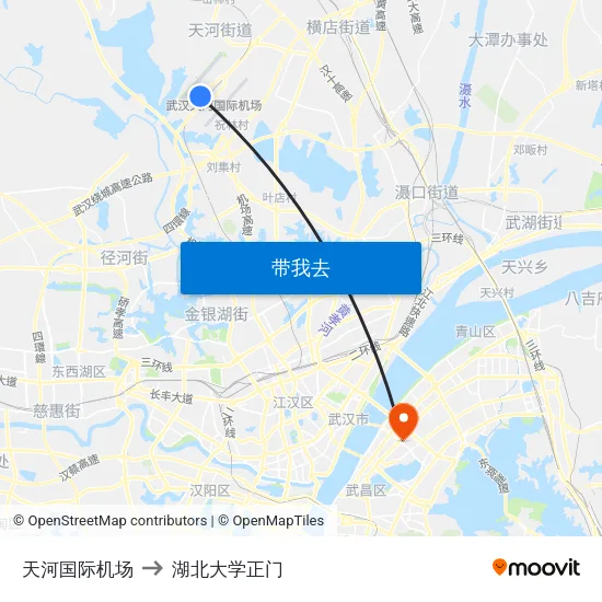 天河国际机场 to 湖北大学正门 map