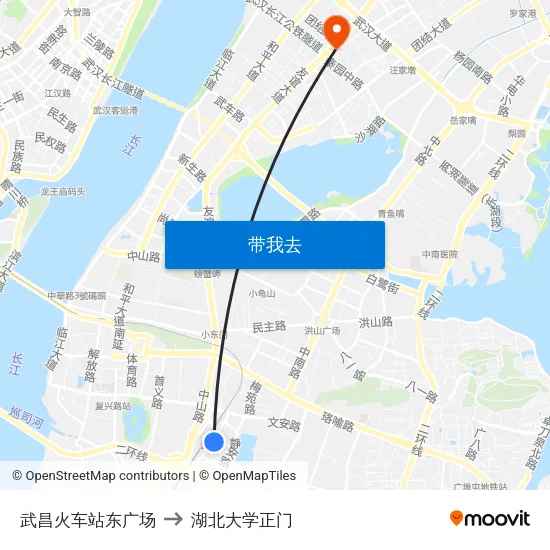 武昌火车站东广场 to 湖北大学正门 map