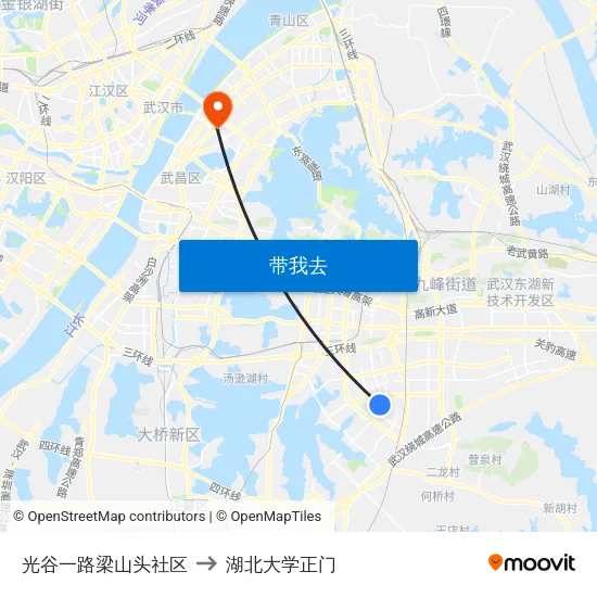 光谷一路梁山头社区 to 湖北大学正门 map