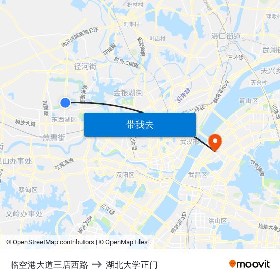 临空港大道三店西路 to 湖北大学正门 map