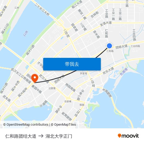 仁和路团结大道 to 湖北大学正门 map