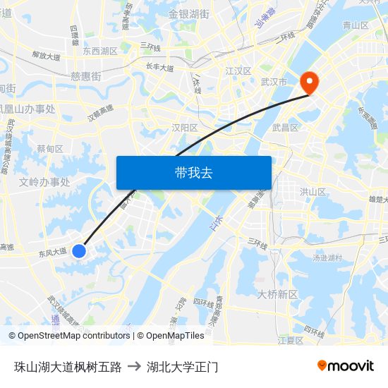 珠山湖大道枫树五路 to 湖北大学正门 map