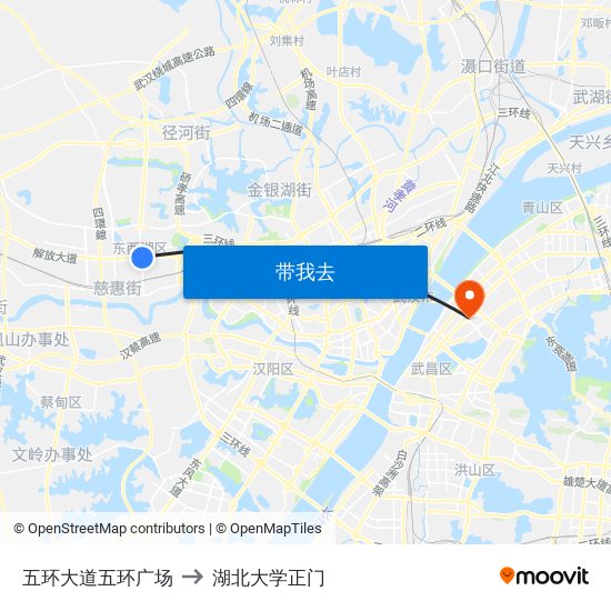 五环大道五环广场 to 湖北大学正门 map
