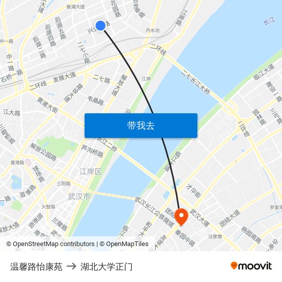 温馨路怡康苑 to 湖北大学正门 map