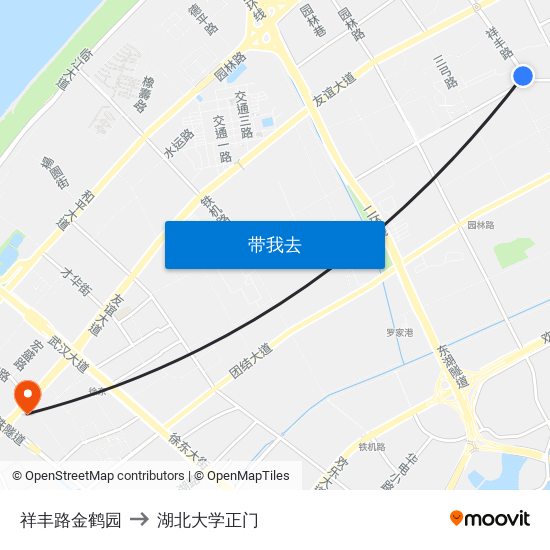 祥丰路金鹤园 to 湖北大学正门 map