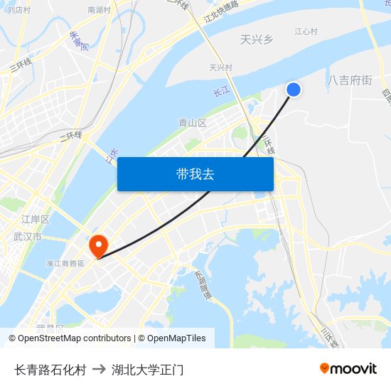 长青路石化村 to 湖北大学正门 map