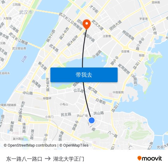 东一路八一路口 to 湖北大学正门 map