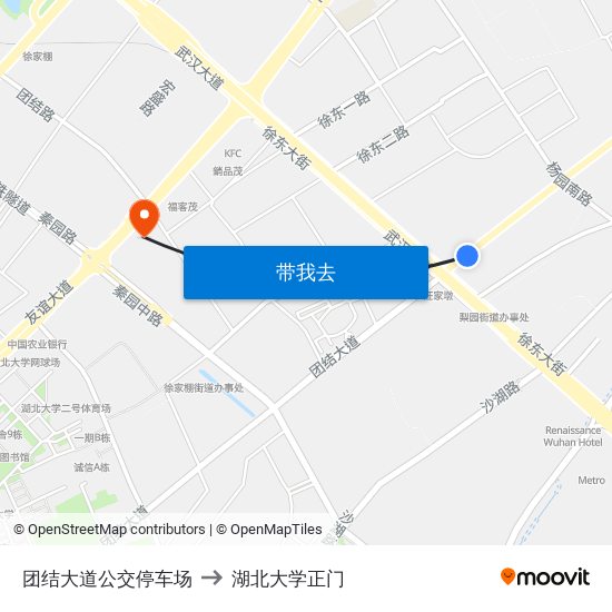 团结大道公交停车场 to 湖北大学正门 map