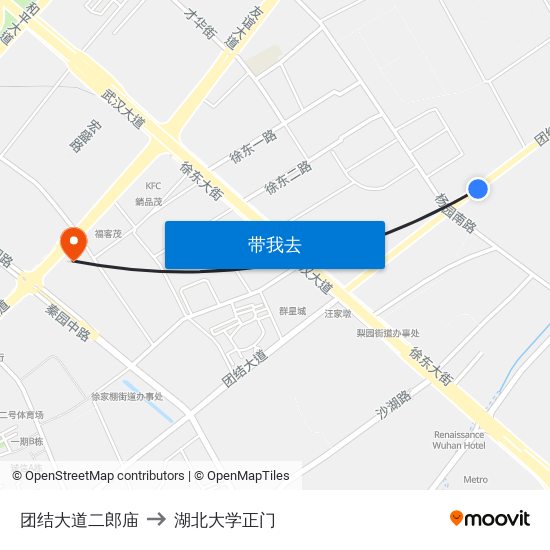 团结大道二郎庙 to 湖北大学正门 map