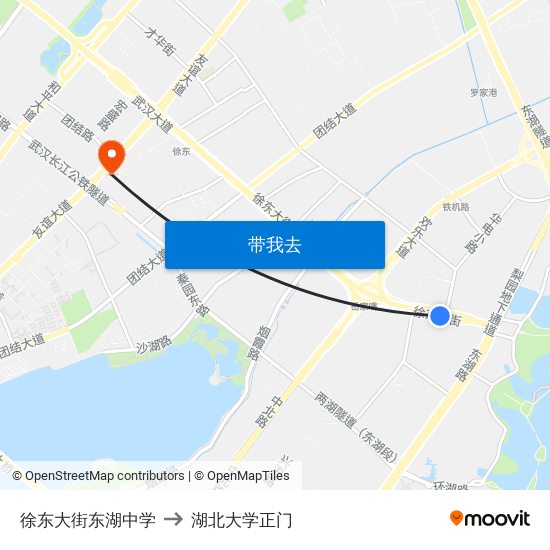 徐东大街东湖中学 to 湖北大学正门 map