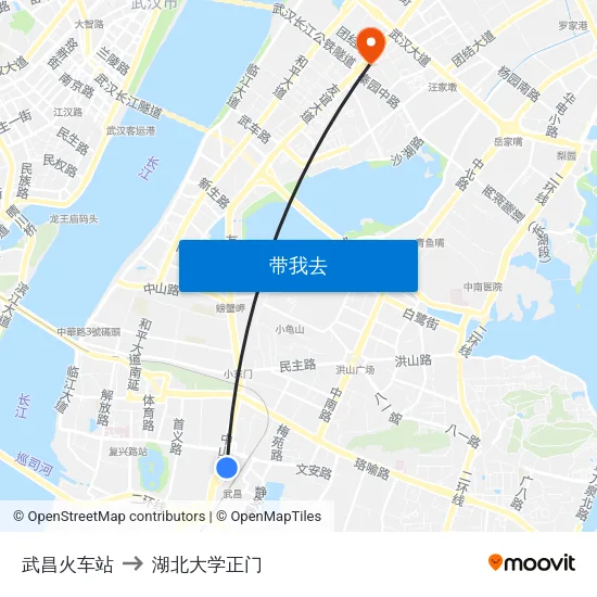 武昌火车站 to 湖北大学正门 map