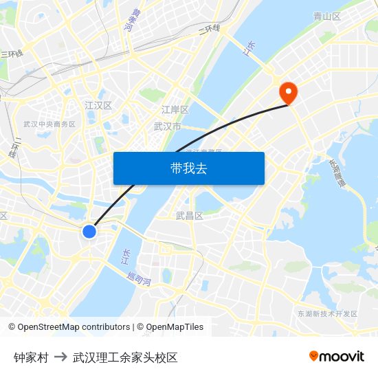 钟家村 to 武汉理工余家头校区 map
