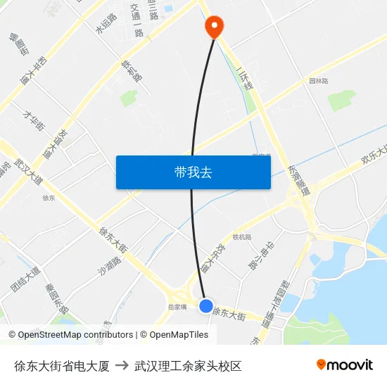 徐东大街省电大厦 to 武汉理工余家头校区 map
