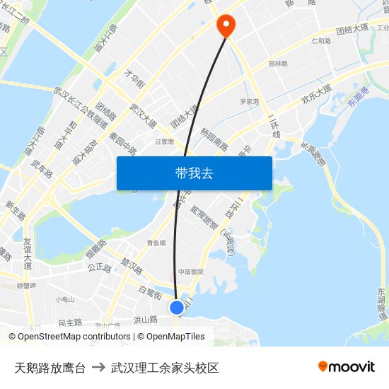 天鹅路放鹰台 to 武汉理工余家头校区 map