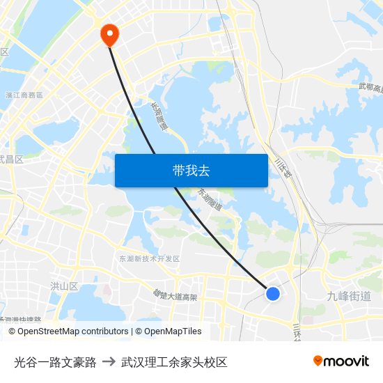 光谷一路文豪路 to 武汉理工余家头校区 map