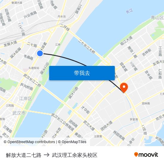 解放大道二七路 to 武汉理工余家头校区 map