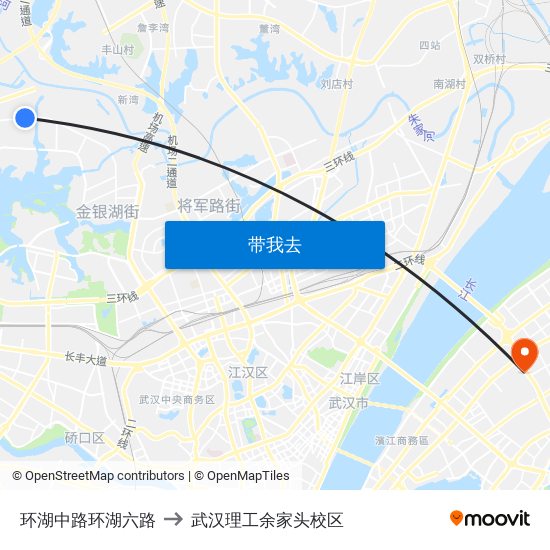 环湖中路环湖六路 to 武汉理工余家头校区 map