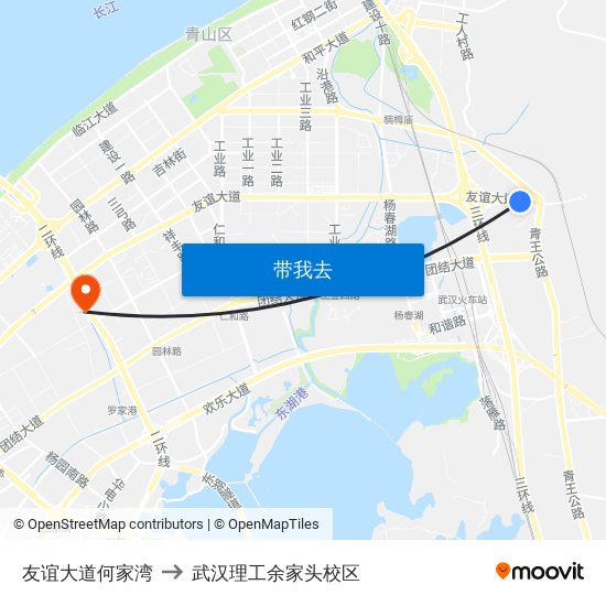 友谊大道何家湾 to 武汉理工余家头校区 map