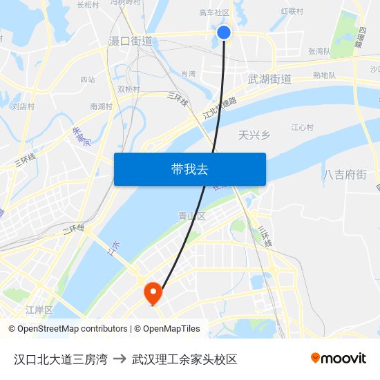 汉口北大道三房湾 to 武汉理工余家头校区 map