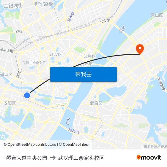 琴台大道中央公园 to 武汉理工余家头校区 map