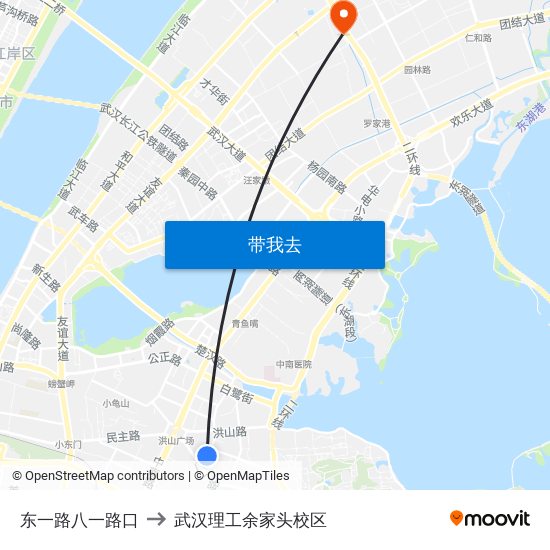 东一路八一路口 to 武汉理工余家头校区 map