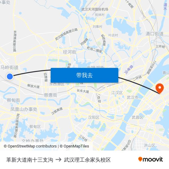 革新大道南十三支沟 to 武汉理工余家头校区 map