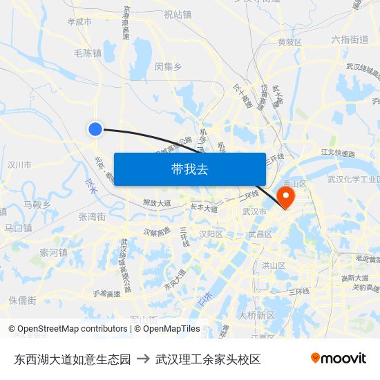 东西湖大道如意生态园 to 武汉理工余家头校区 map