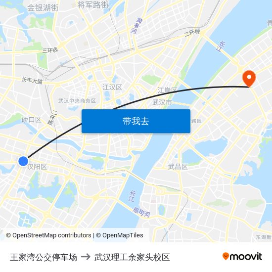 王家湾公交停车场 to 武汉理工余家头校区 map