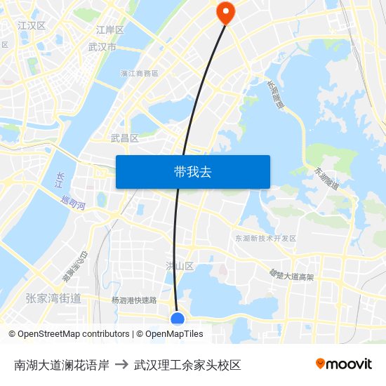 南湖大道澜花语岸 to 武汉理工余家头校区 map