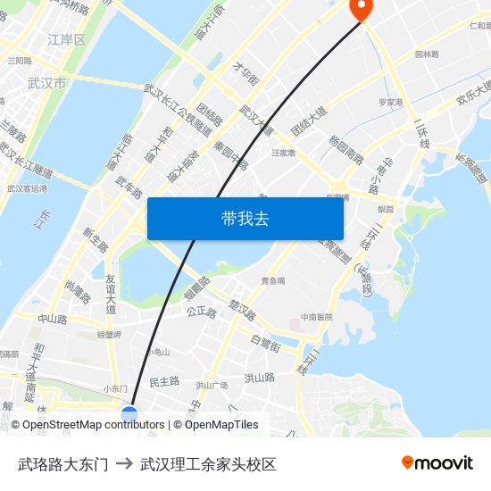 武珞路大东门 to 武汉理工余家头校区 map