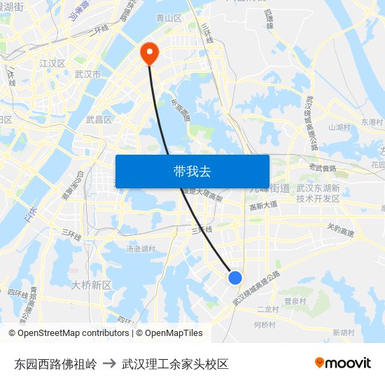 东园西路佛祖岭 to 武汉理工余家头校区 map