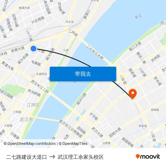 二七路建设大道口 to 武汉理工余家头校区 map