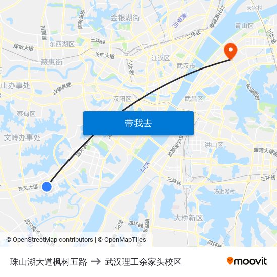 珠山湖大道枫树五路 to 武汉理工余家头校区 map