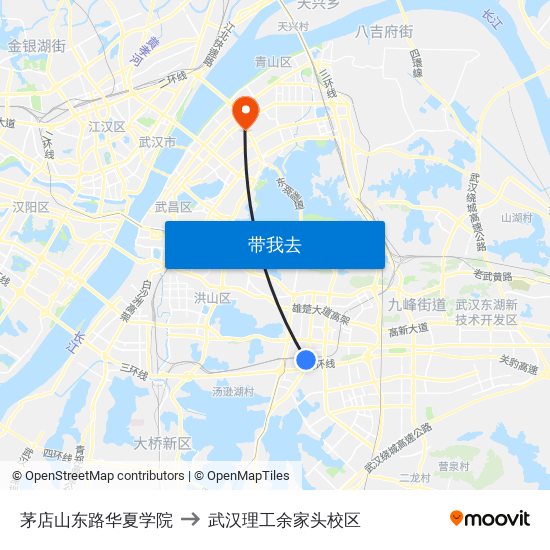 茅店山东路华夏学院 to 武汉理工余家头校区 map