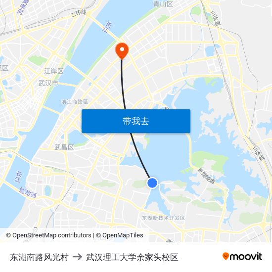 东湖南路风光村 to 武汉理工大学余家头校区 map