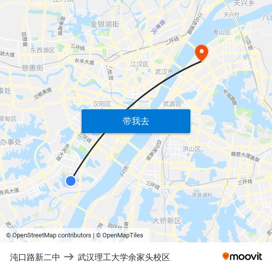 沌口路新二中 to 武汉理工大学余家头校区 map