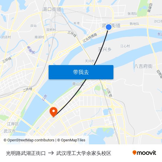 光明路武湖正街口 to 武汉理工大学余家头校区 map