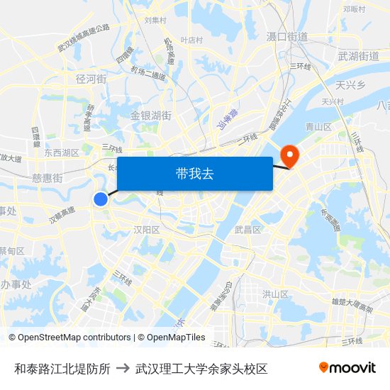 和泰路江北堤防所 to 武汉理工大学余家头校区 map