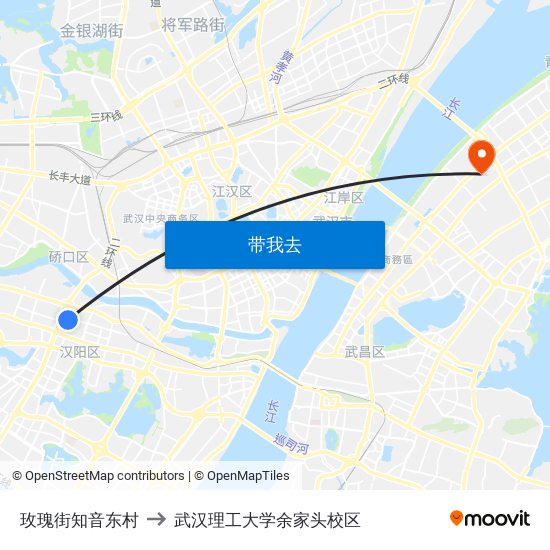 玫瑰街知音东村 to 武汉理工大学余家头校区 map