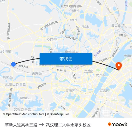 革新大道高桥三路 to 武汉理工大学余家头校区 map