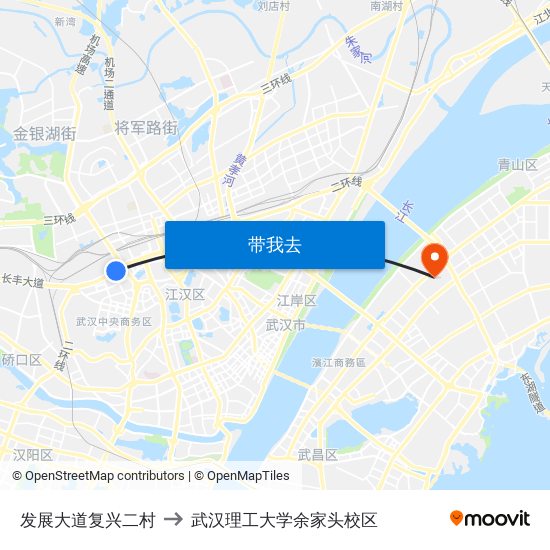 发展大道复兴二村 to 武汉理工大学余家头校区 map