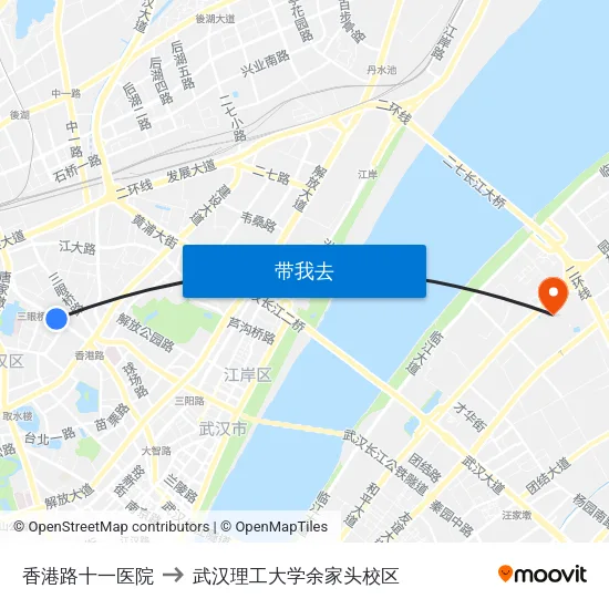 香港路十一医院 to 武汉理工大学余家头校区 map