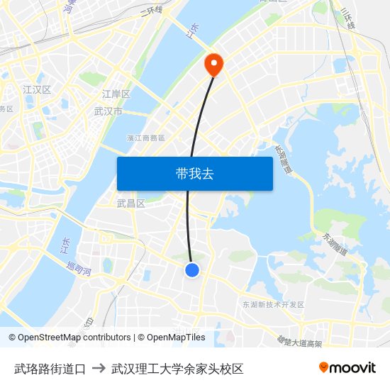 武珞路街道口 to 武汉理工大学余家头校区 map