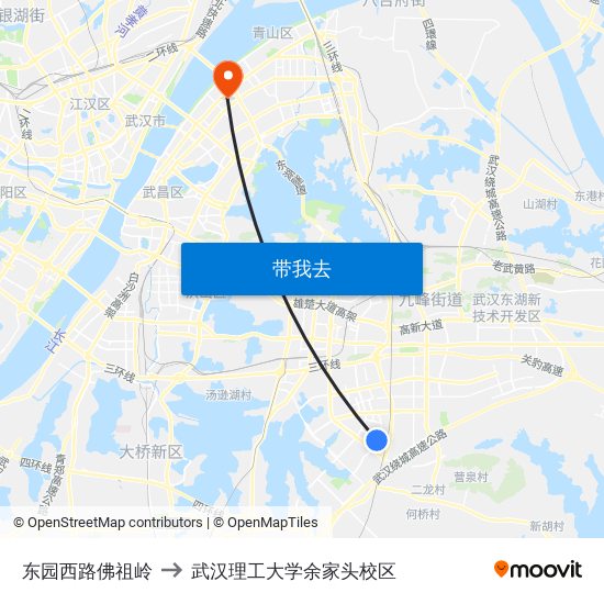 东园西路佛祖岭 to 武汉理工大学余家头校区 map