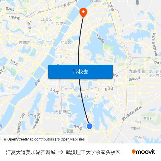 江夏大道美加湖滨新城 to 武汉理工大学余家头校区 map