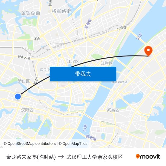 金龙路朱家亭(临时站) to 武汉理工大学余家头校区 map