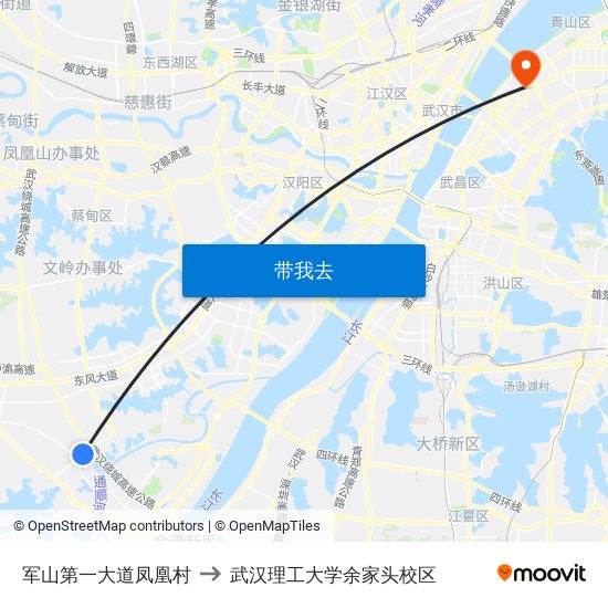 军山第一大道凤凰村 to 武汉理工大学余家头校区 map