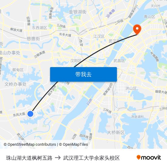 珠山湖大道枫树五路 to 武汉理工大学余家头校区 map